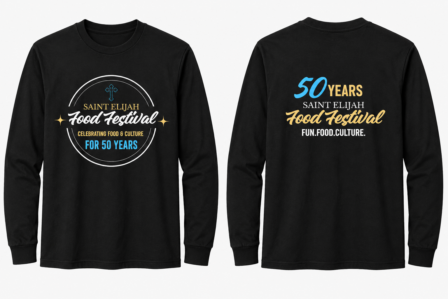 Black Saint Elijah Food Festival long sleeve shirt — front with the 50th anniversary crest, back with 50 Years and FUN.FOOD.CULTURE.