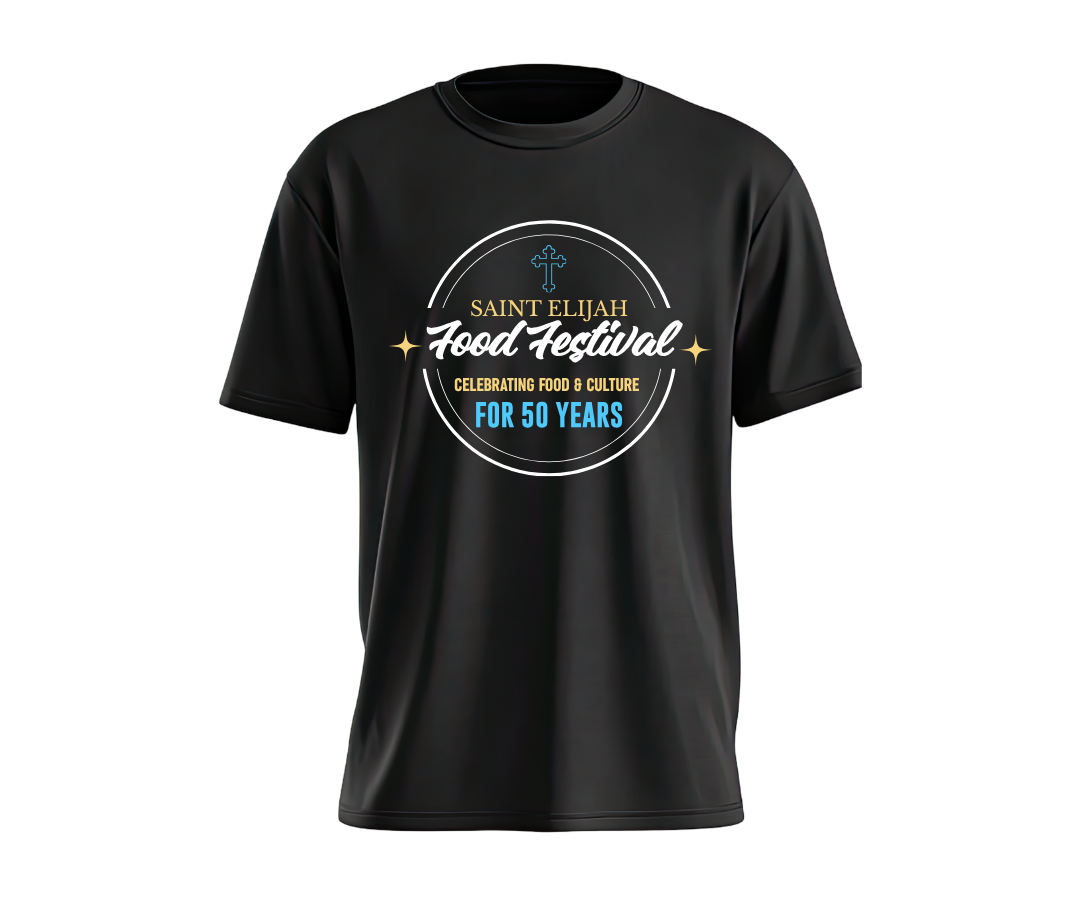 Front of the black Saint Elijah Food Festival bake sale shirt with the 50th anniversary crest