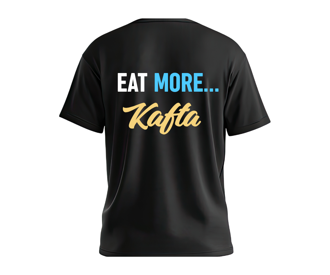 Back of the black bake sale shirt reading EAT MORE... Kafta