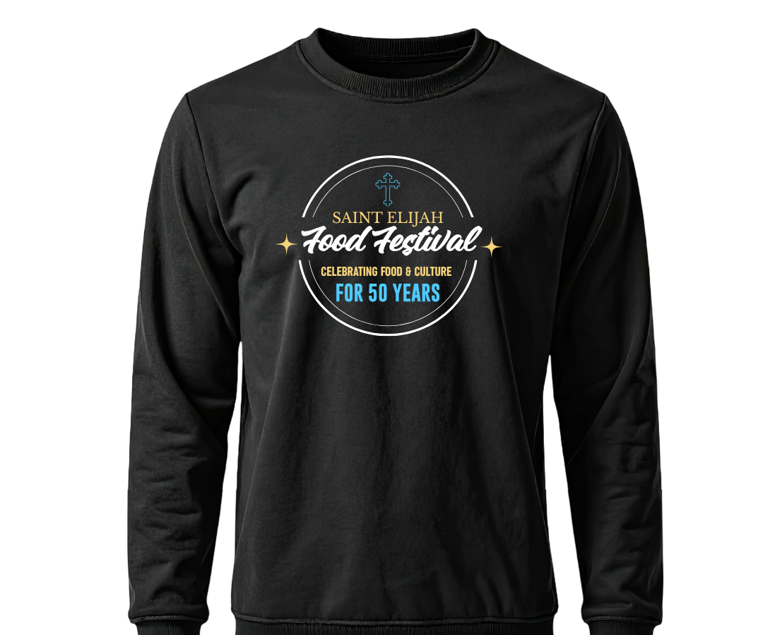 Front of the black Saint Elijah Food Festival long sleeve shirt with the 50th anniversary crest